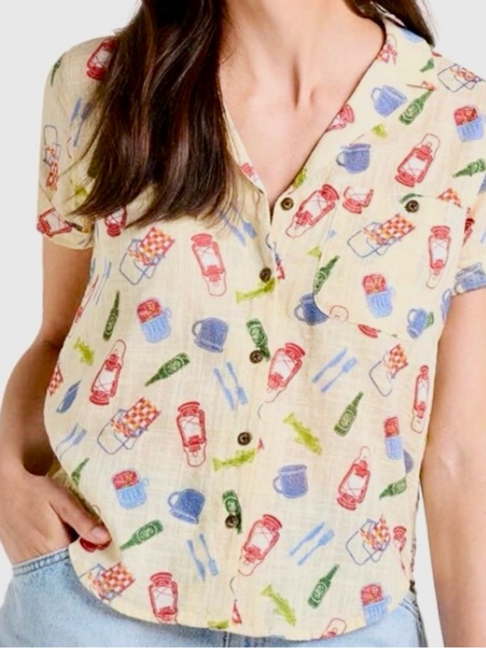 NWT Toad&Co Camp Cove Short Sleeve Button-Down Shirt Barley Camping Print XS